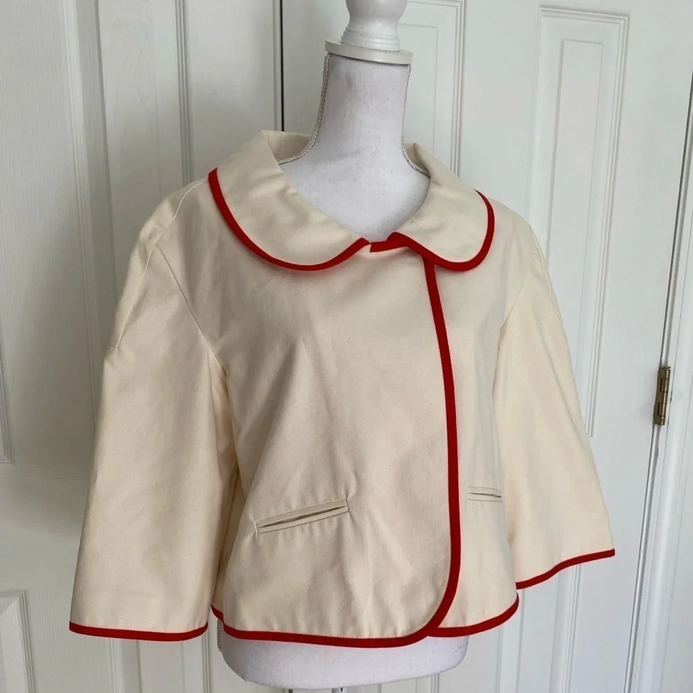 Kate Spade- NWOT Ivory Canvas Cropped Jacket with Red Piping Trim